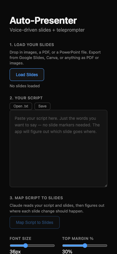 Auto-Presenter setup panel — load slides, script, voice-driven advance