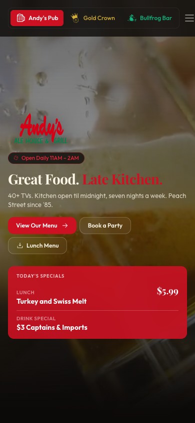 Andy's Pub mobile homepage — Great Food. Late Kitchen.