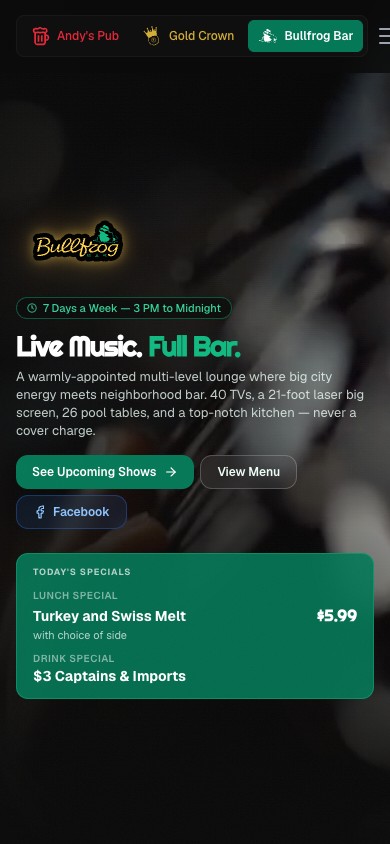 Bullfrog Bar mobile homepage — Live Music. Full Bar.